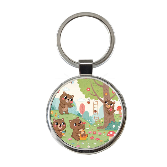 Kawaii Grizzly Bears Round Metal Keychain