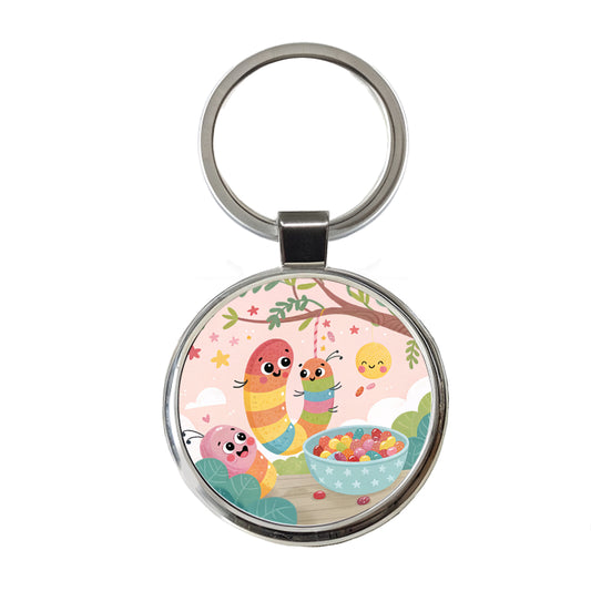 Kawaii Gummi Worms Jelly Beans Round Metal Keychain