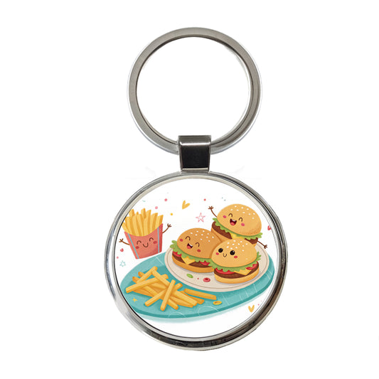 Kawaii Hamburgers And Fries Round Metal Keychain