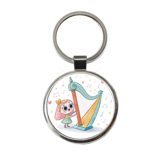 Kawaii Harp Music Round Metal Keychain