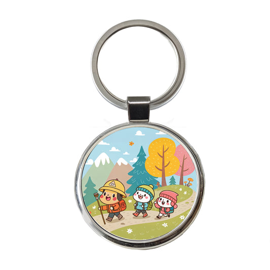 Kawaii Hiking Hikers Round Metal Keychain