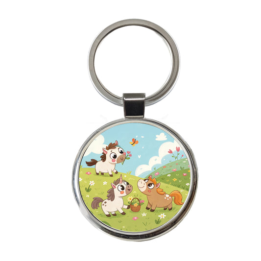 Kawaii Horses Playing Round Metal Keychain