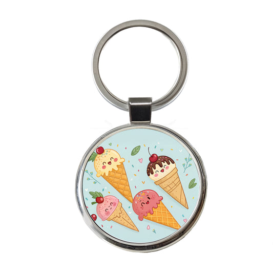 Kawaii Ice Cream Cones Round Metal Keychain