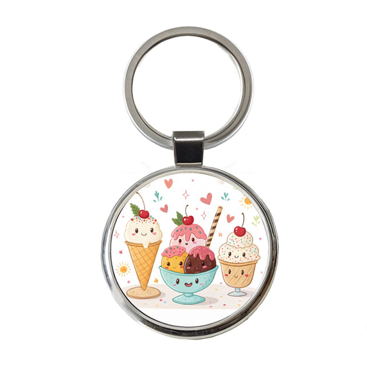 Kawaii Ice Cream Sundaes Round Metal Keychain