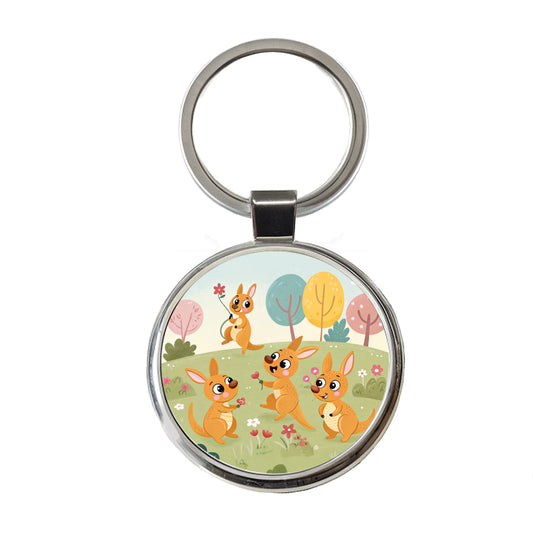 Kawaii Kangaroos Round Metal Keychain