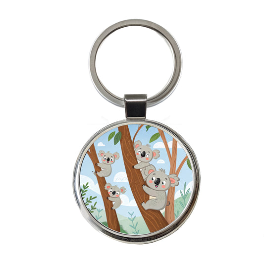 Kawaii Koala Bears Climbing Trees Round Metal Keychain