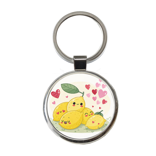 Kawaii Lemons And Hearts Round Metal Keychain