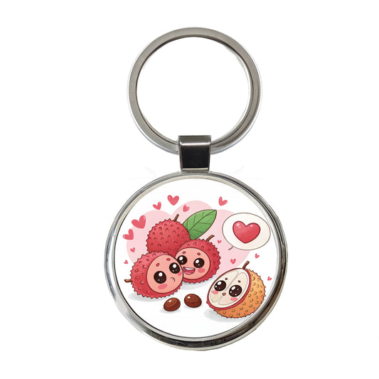 Kawaii Lychees And Hearts Round Metal Keychain