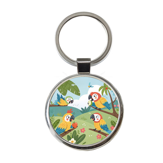 Kawaii Macaw Parrots Round Metal Keychain