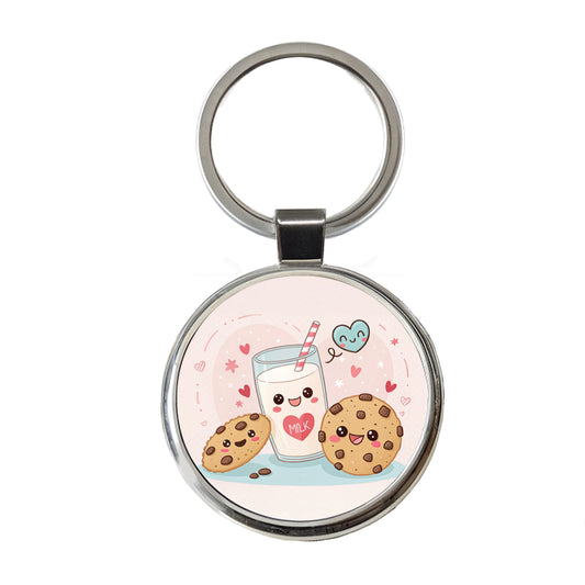 Kawaii Milk And Cookies Round Metal Keychain