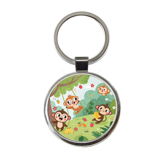 Kawaii Monkeys Round Metal Keychain
