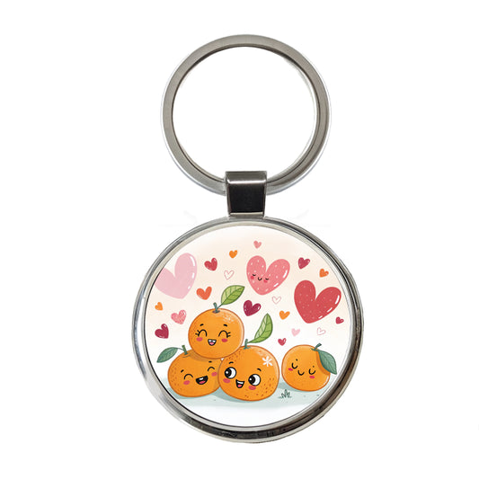 Kawaii Oranges And Hearts Round Metal Keychain