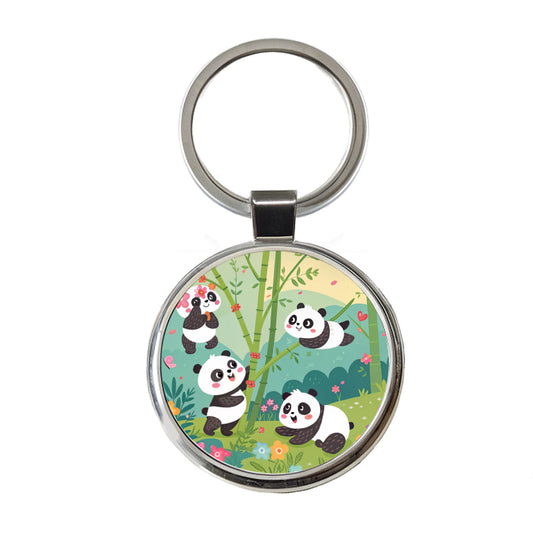 Kawaii Pandas Round Metal Keychain