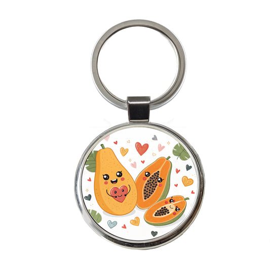 Kawaii Papayas And Hearts Round Metal Keychain