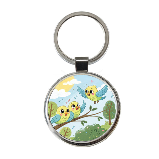 Kawaii Parakeets Round Metal Keychain