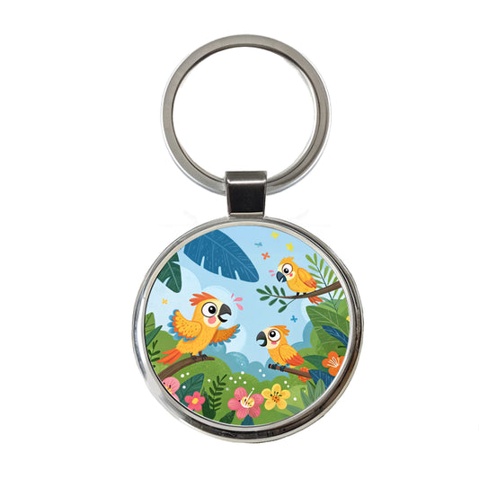 Kawaii Parrots Round Metal Keychain