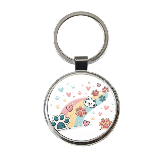 Kawaii Paw Prints And Hearts Sty Round Metal Keychain