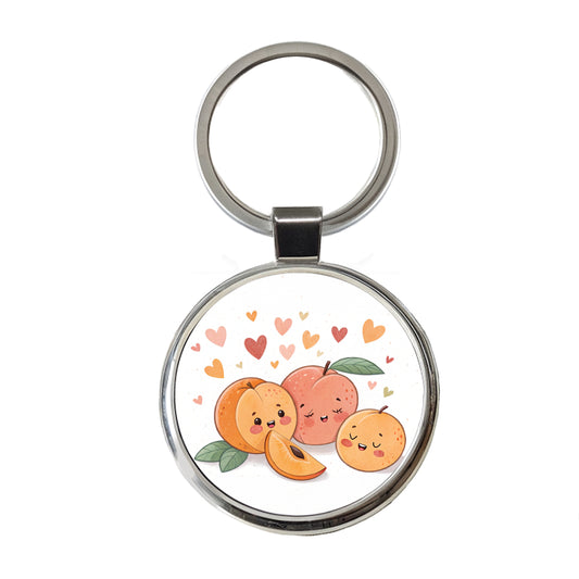 Kawaii Peaches And Hearts Round Metal Keychain