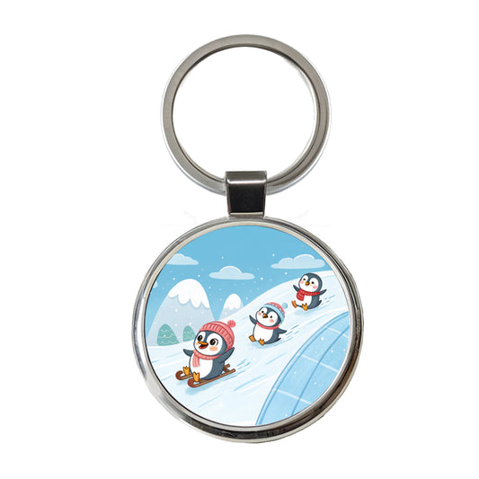 Kawaii Penguins Sledding Snow Round Metal Keychain