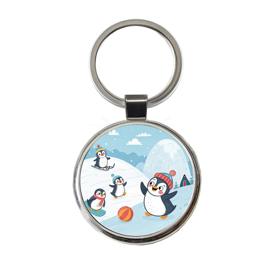 Kawaii Penguins Round Metal Keychain