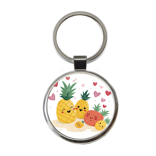 Kawaii Pineapples And Hearts Round Metal Keychain