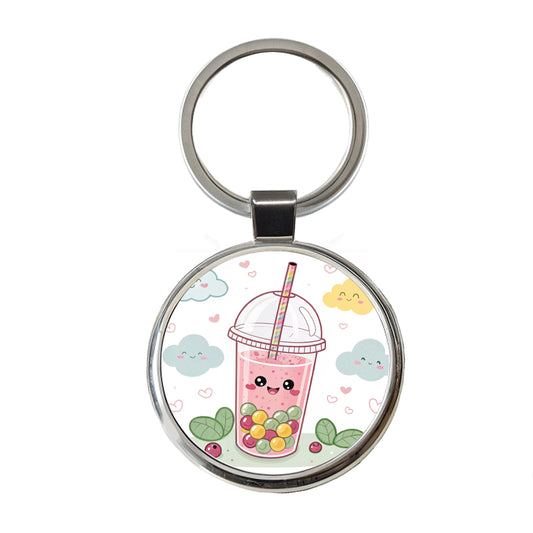Kawaii Pink Boba Bubble Tea Round Metal Keychain