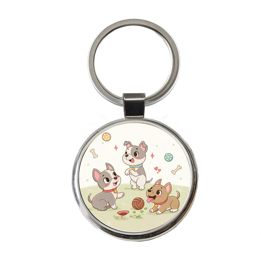 Kawaii Pitbulls Dogs Round Metal Keychain