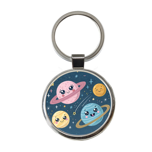Kawaii Planets Space Astronomy Round Metal Keychain