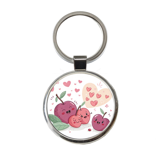Kawaii Plums And Hearts Round Metal Keychain