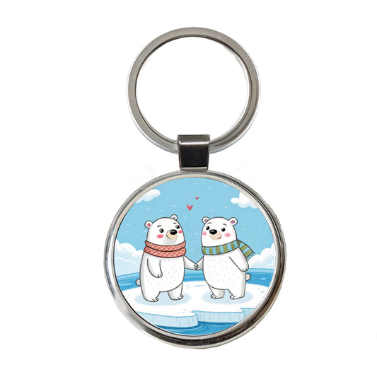 Kawaii Polar Bears In Love Valentine's Day Round Metal Keychain