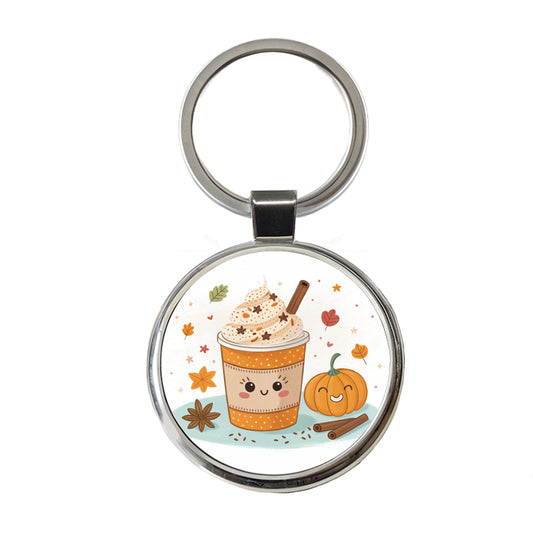 Kawaii Pumpkin Spice Latte Coffee Round Metal Keychain