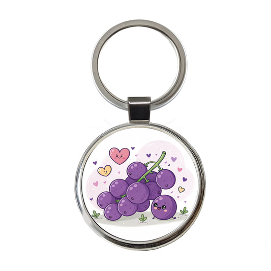 Kawaii Purple Grapes And Hearts Round Metal Keychain