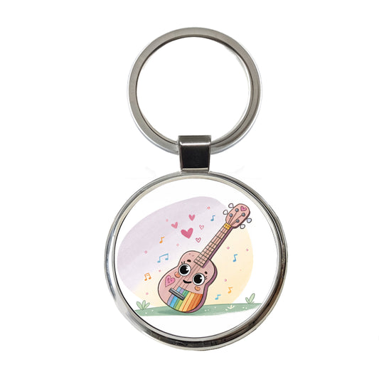 Kawaii Colorful Ukulele Music Round Metal Keychain