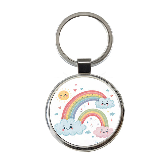 Kawaii Rainbows And Clouds Round Metal Keychain