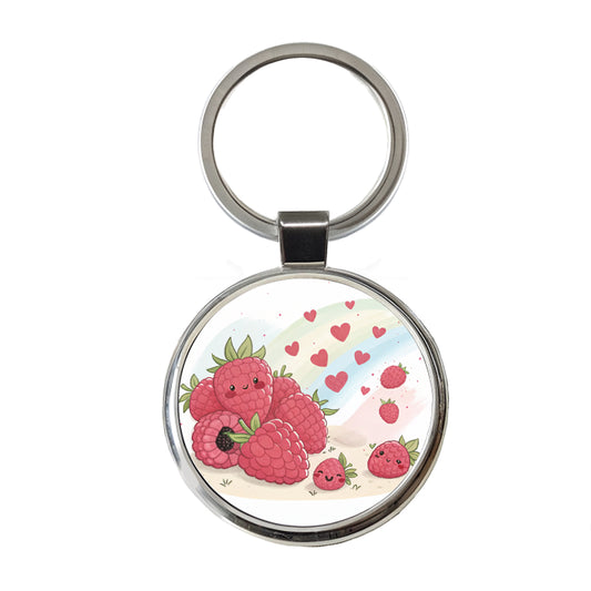 Kawaii Raspberries And Hearts Round Metal Keychain