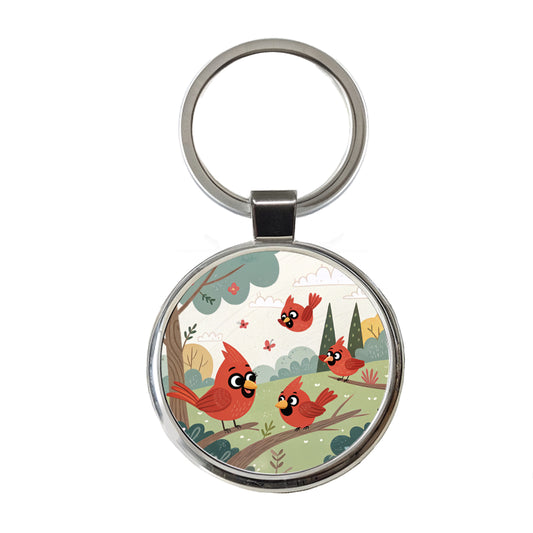 Kawaii Red Cardinals Birds Round Metal Keychain