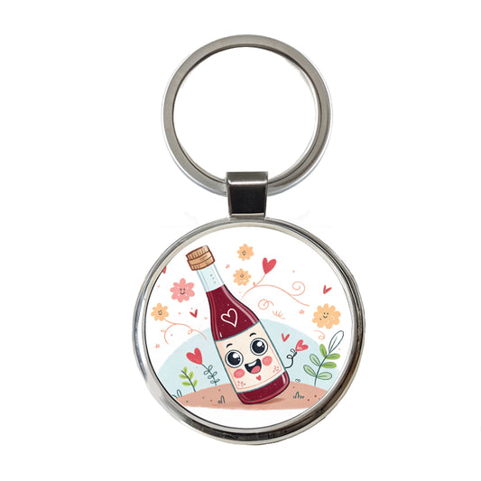 Kawaii Red Wine Alcohol Round Metal Keychain