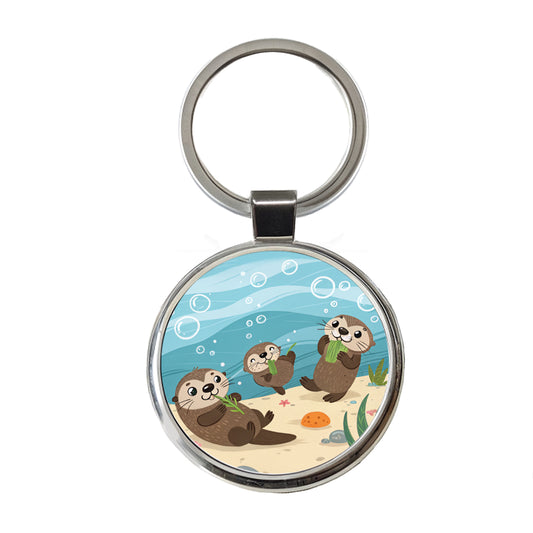 Kawaii Sea Otters Round Metal Keychain