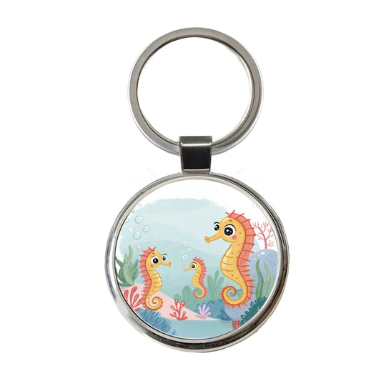 Kawaii Seahorses Round Metal Keychain