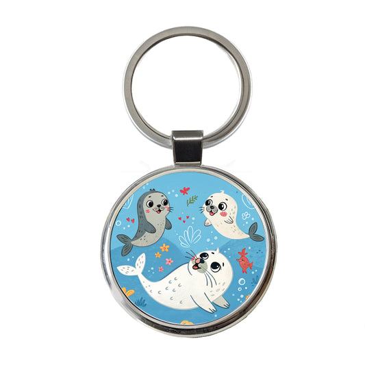 Kawaii Seals Round Metal Keychain