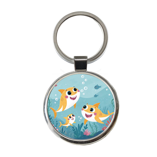 Kawaii Sharks Round Metal Keychain