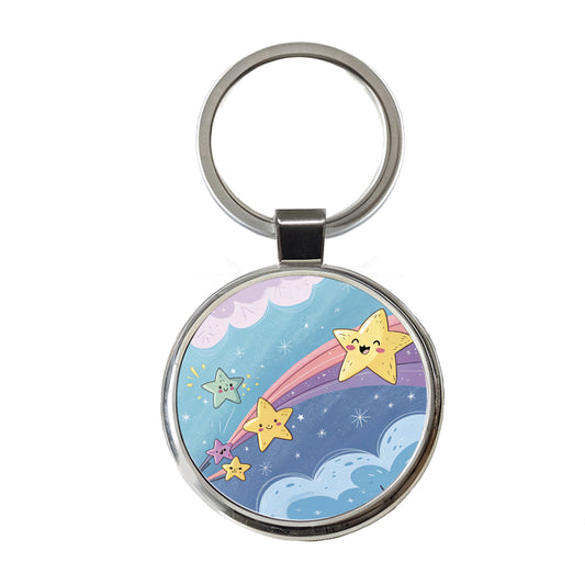 Kawaii Shooting Stars In Space Round Metal Keychain