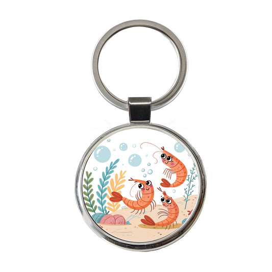 Kawaii Shrimp Round Metal Keychain