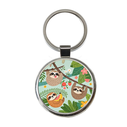 Kawaii Sloths Round Metal Keychain