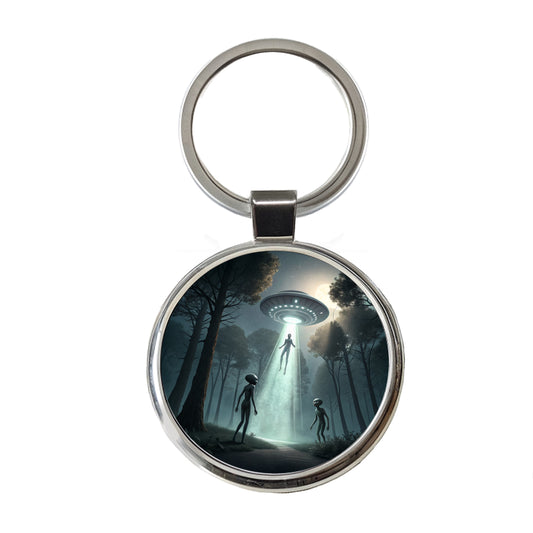 Alien Abduction in the Woods Sci-fi Round Metal Keychain