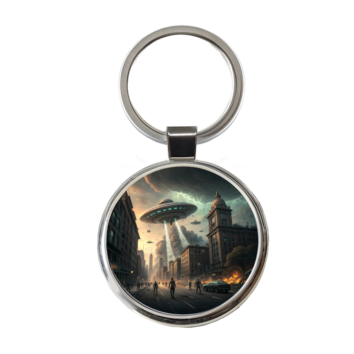 Alien Martian Invasion Destruction Of Earth Sci-fi Round Metal Keychain