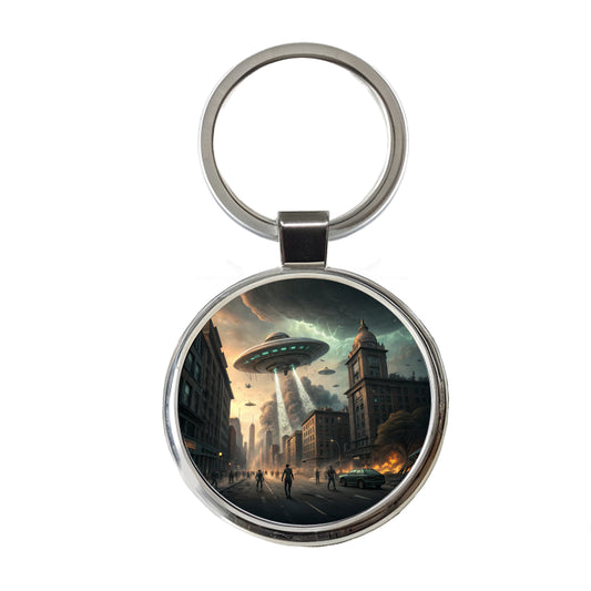 Alien Martian Invasion Destruction Of Earth Sci-fi Round Metal Keychain
