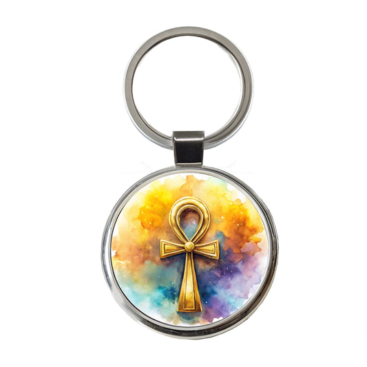 Ancient Egyptian Gold Ankh Watercolor Round Metal Keychain