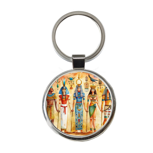 Ancient Egyptian Hieroglyphics Pharaohs Gods Watercolor Round Metal Keychain