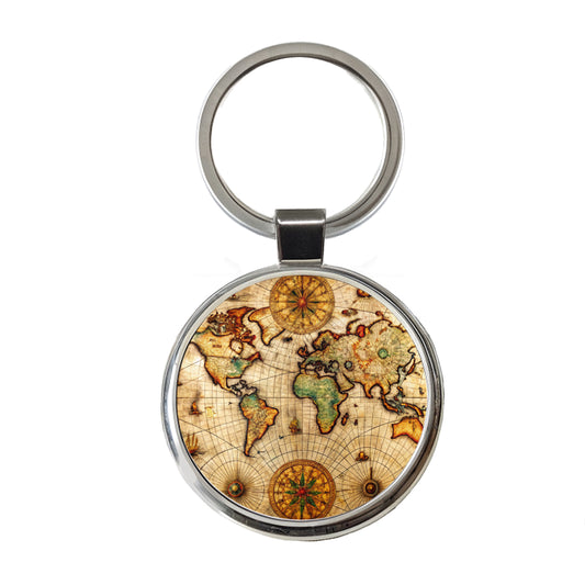 Ancient Maritime Nautical World Map Round Metal Keychain